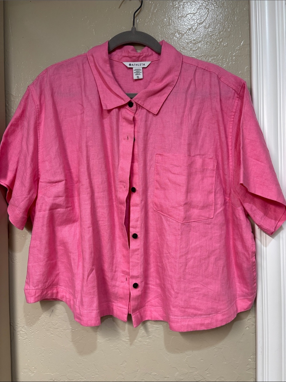 Athleta Hot Pink Short-Sleeve Button-Up Linen Shirt